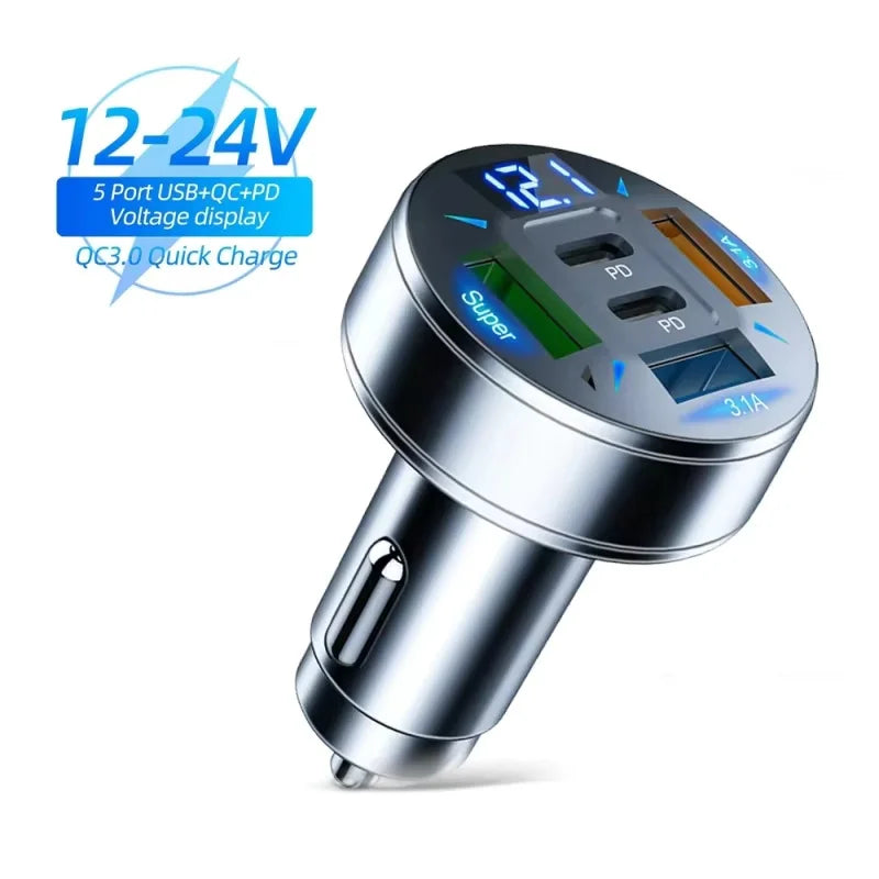 ⚡ Carregador Veicular Turbo 250W – 5 Portas USB e USB-C com Carregamento Rápido PD e QC 3.0