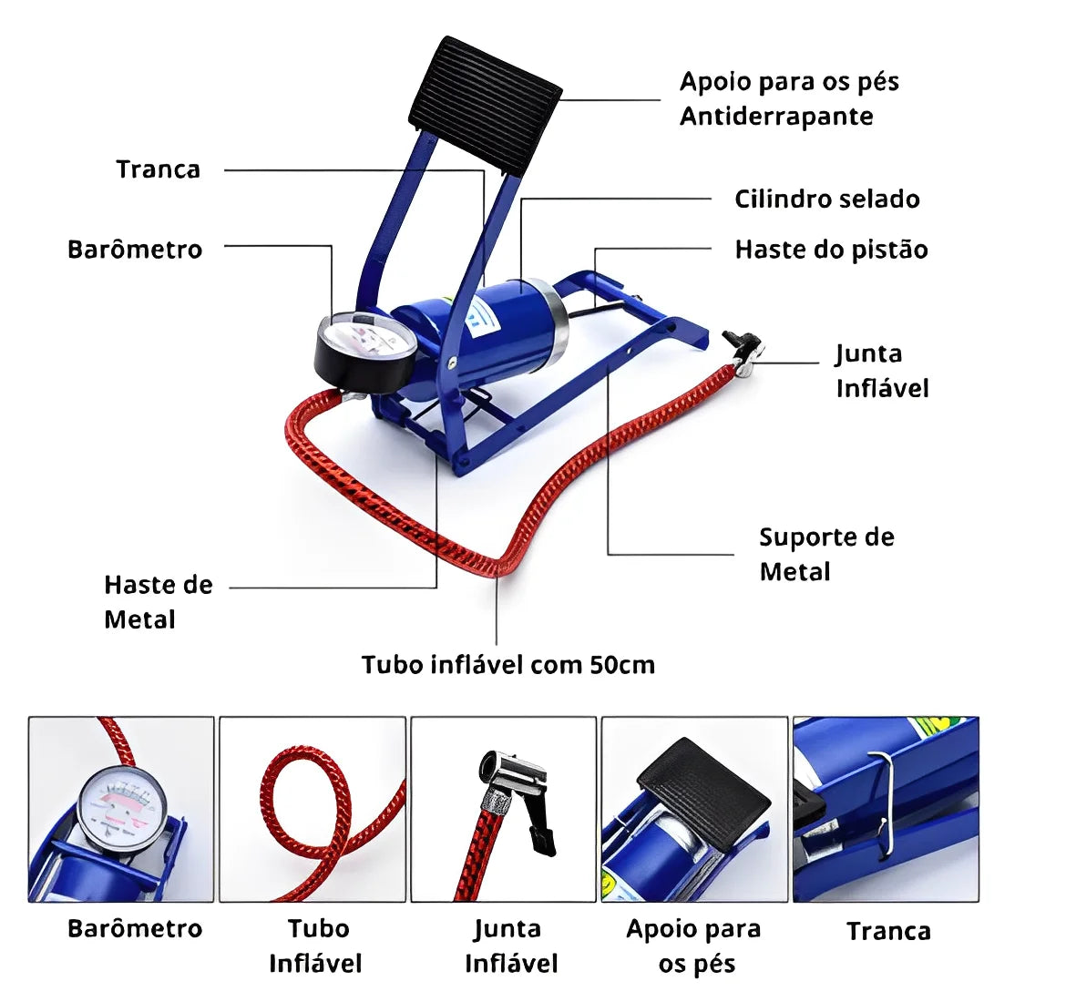 🚲🚗 Bomba de Ar Portátil com Pedal e Mangueira de 50cm