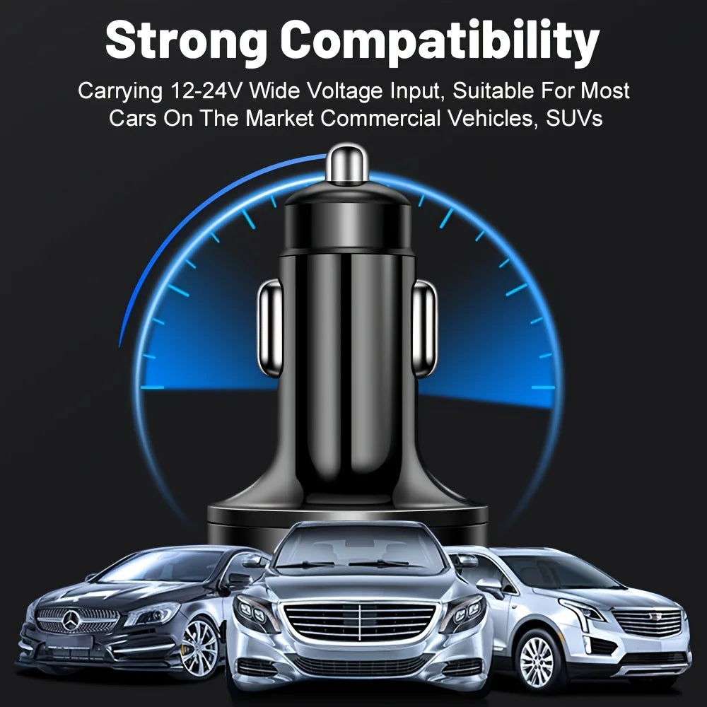 Carregador portátil 6 em 1 para carro com carregamento rápido de 3.1A, duas portas USB-C, visor digital, compatível com smartphones, tablets e power banks. Cor: Preto.