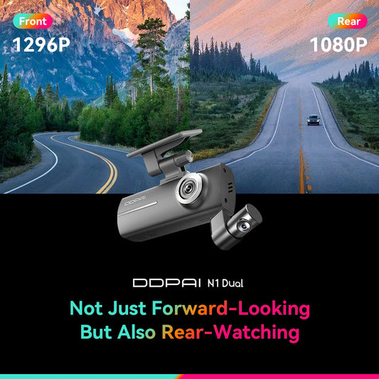 Câmera de painel DDPAI N1 com gravação dupla frontal e traseira, NightVIS 1296P, gravador de vídeo veicular (DVR) e controle por aplicativo.