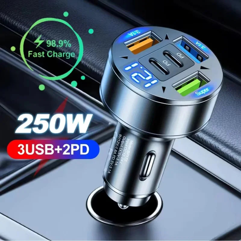 ⚡ Carregador Veicular Turbo 250W – 5 Portas USB e USB-C com Carregamento Rápido PD e QC 3.0