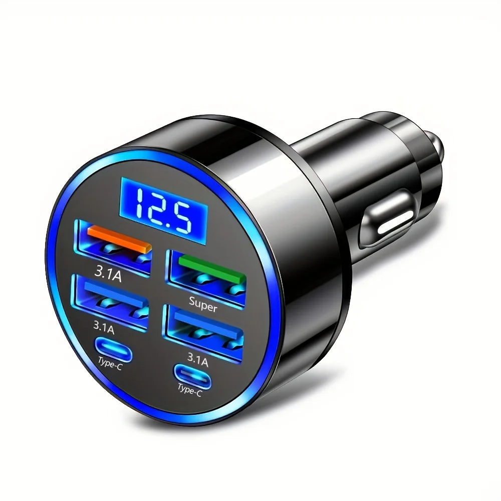 Carregador portátil 6 em 1 para carro com carregamento rápido de 3.1A, duas portas USB-C, visor digital, compatível com smartphones, tablets e power banks. Cor: Preto.