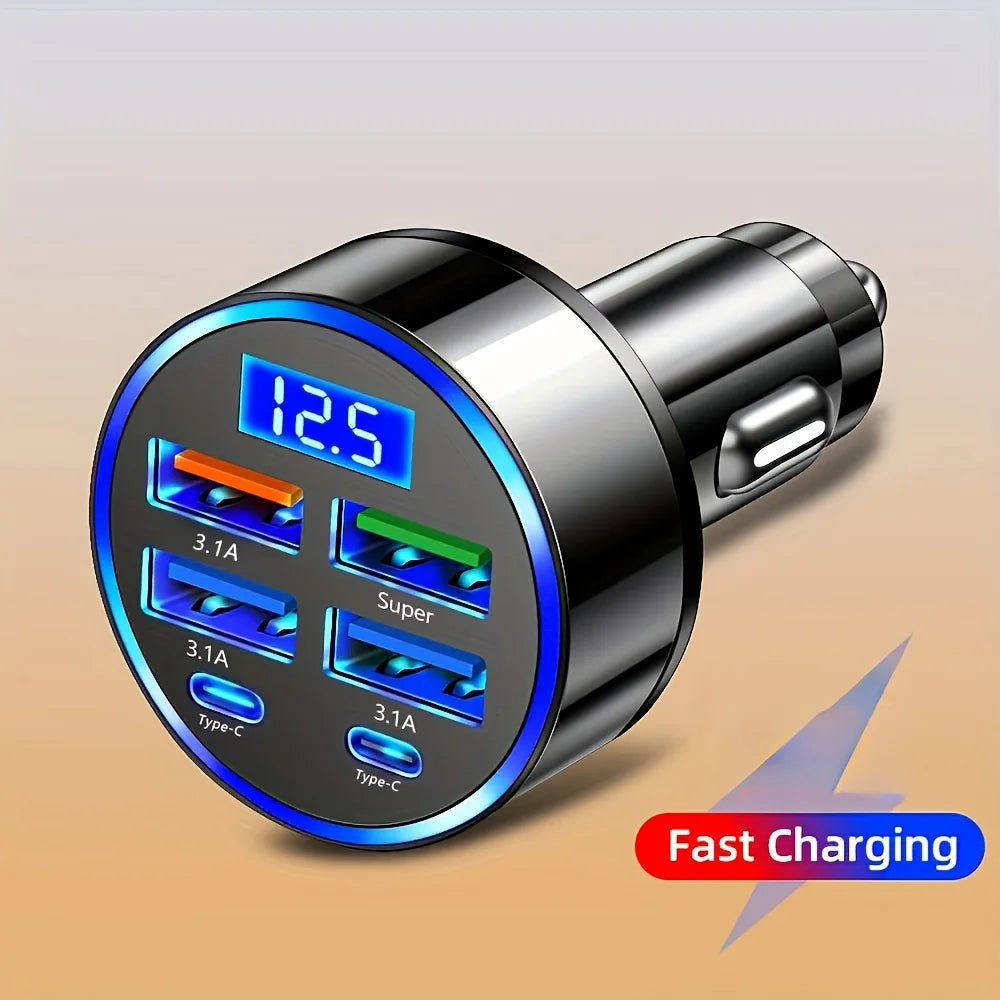 Carregador portátil 6 em 1 para carro com carregamento rápido de 3.1A, duas portas USB-C, visor digital, compatível com smartphones, tablets e power banks. Cor: Preto.