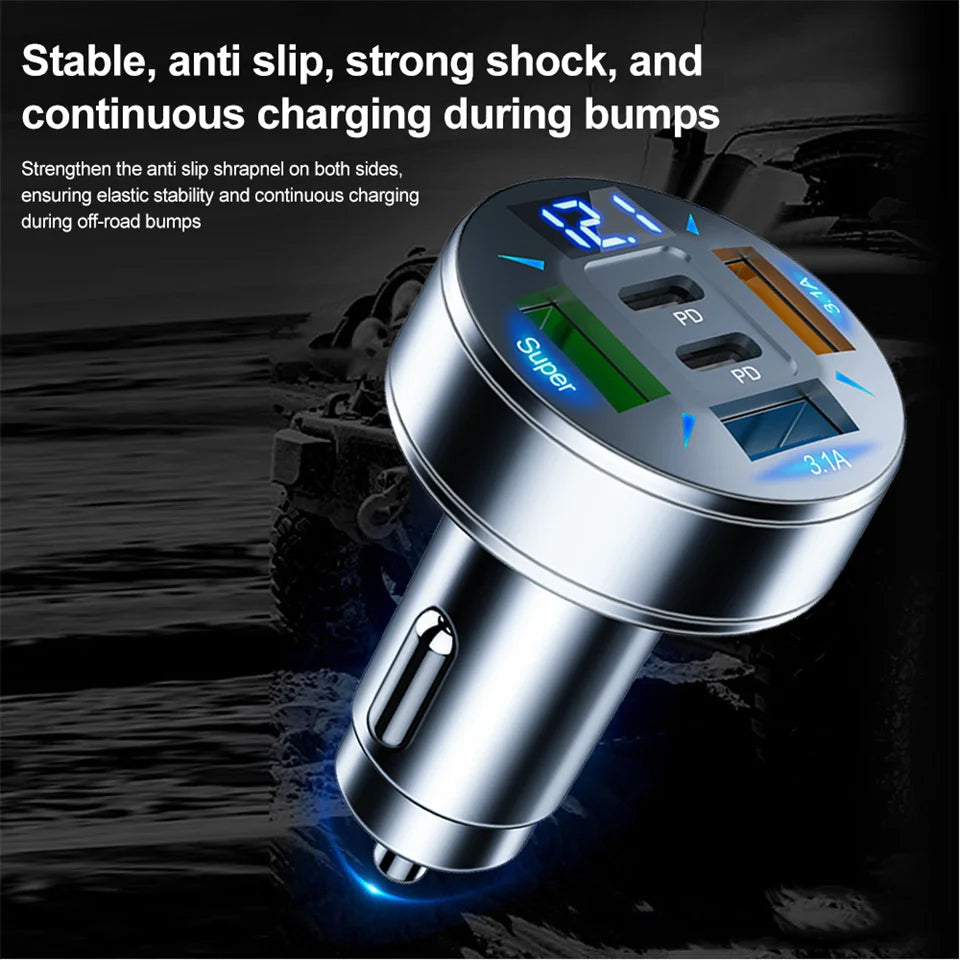 ⚡ Carregador Veicular Turbo 250W – 5 Portas USB e USB-C com Carregamento Rápido PD e QC 3.0