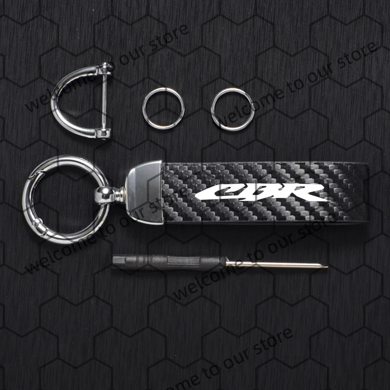 Chaveiro de couro texturizado com logotipo em fibra de carbono para motocicleta Honda CB CBR CB400 CBR650R CBR500R (1 unidade).