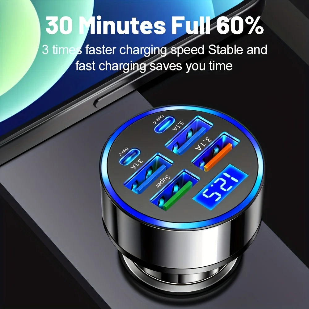 Carregador portátil 6 em 1 para carro com carregamento rápido de 3.1A, duas portas USB-C, visor digital, compatível com smartphones, tablets e power banks. Cor: Preto.