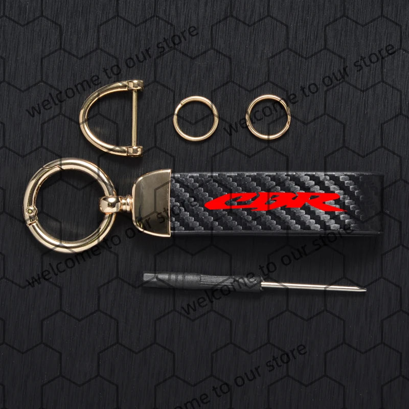 Chaveiro de couro texturizado com logotipo em fibra de carbono para motocicleta Honda CB CBR CB400 CBR650R CBR500R (1 unidade).