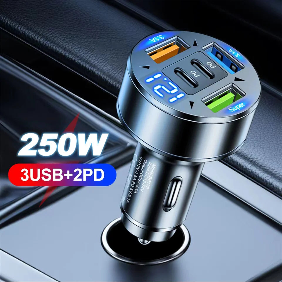 ⚡ Carregador Veicular Turbo 250W – 5 Portas USB e USB-C com Carregamento Rápido PD e QC 3.0