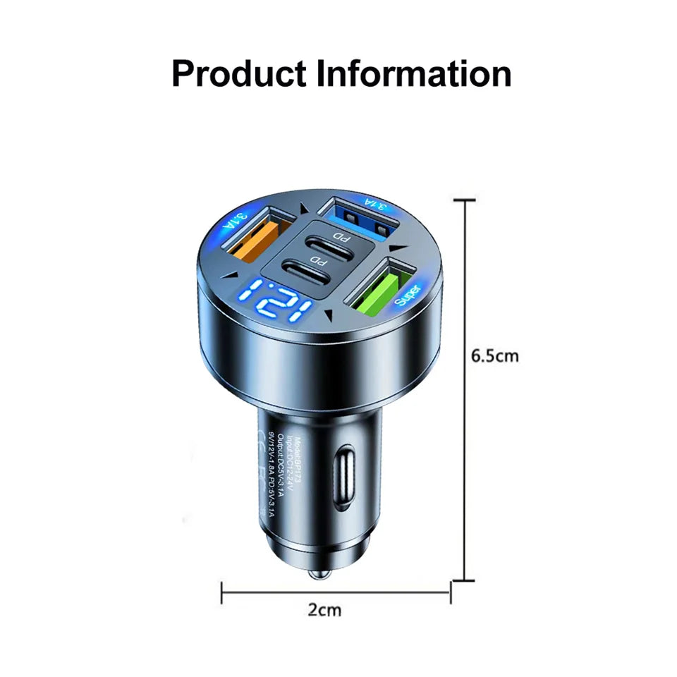 ⚡ Carregador Veicular Turbo 250W – 5 Portas USB e USB-C com Carregamento Rápido PD e QC 3.0