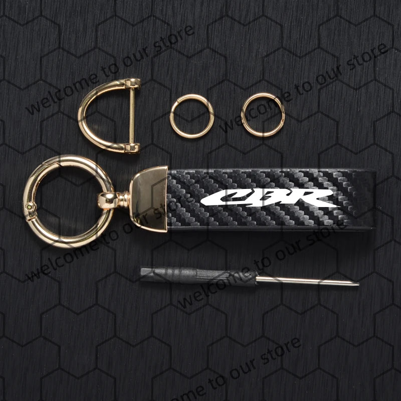 Chaveiro de couro texturizado com logotipo em fibra de carbono para motocicleta Honda CB CBR CB400 CBR650R CBR500R (1 unidade).