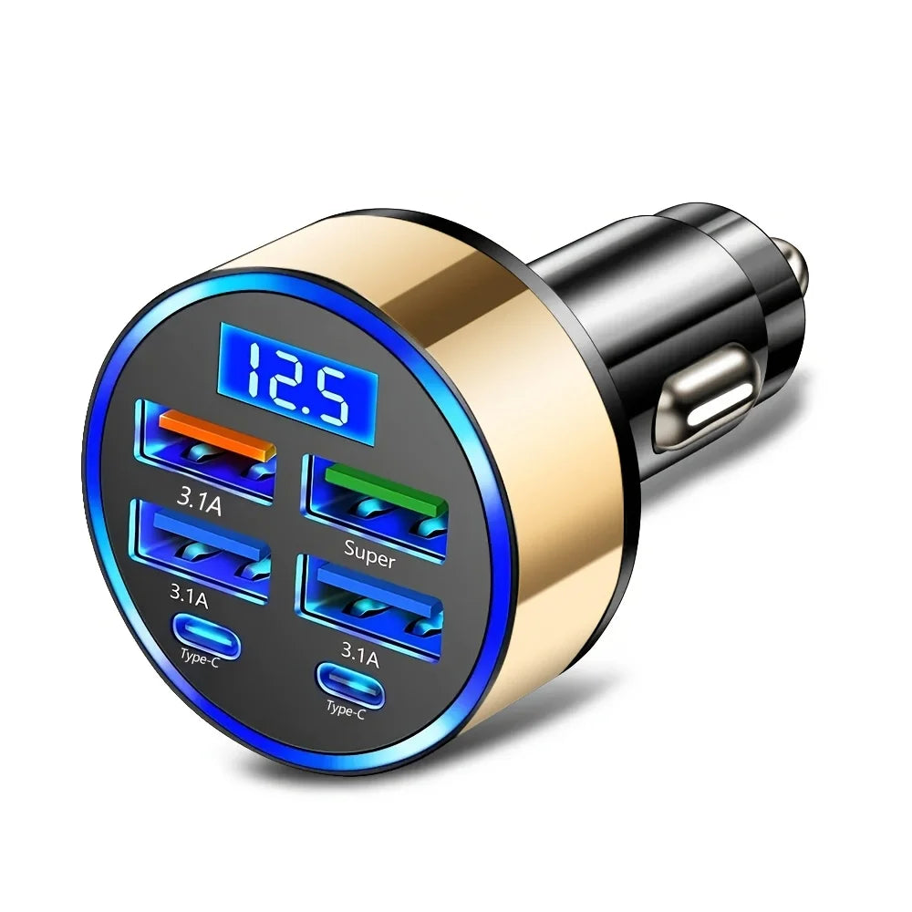 Carregador portátil 6 em 1 para carro com carregamento rápido de 3.1A, duas portas USB-C, visor digital, compatível com smartphones, tablets e power banks. Cor: Preto.