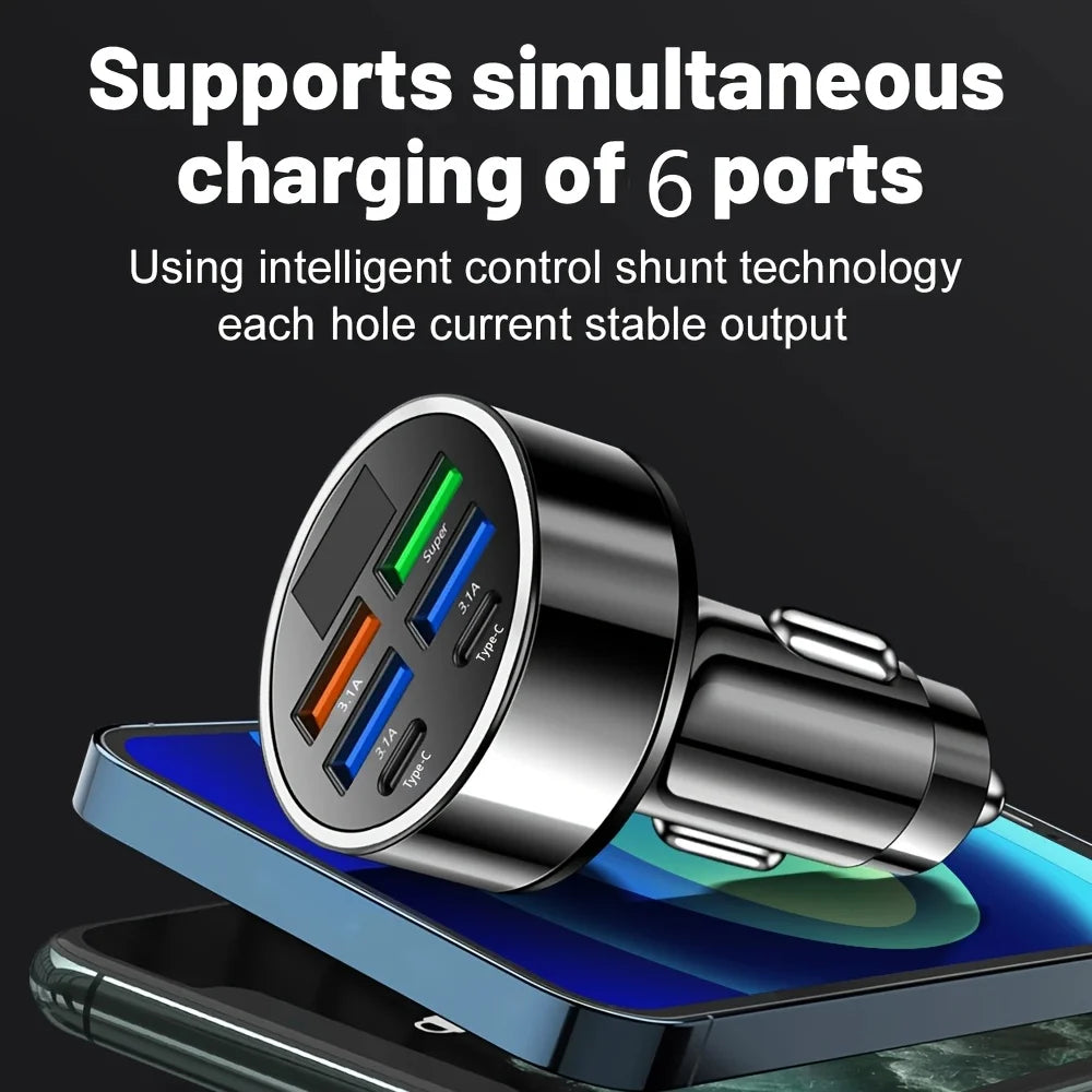 Carregador portátil 6 em 1 para carro com carregamento rápido de 3.1A, duas portas USB-C, visor digital, compatível com smartphones, tablets e power banks. Cor: Preto.