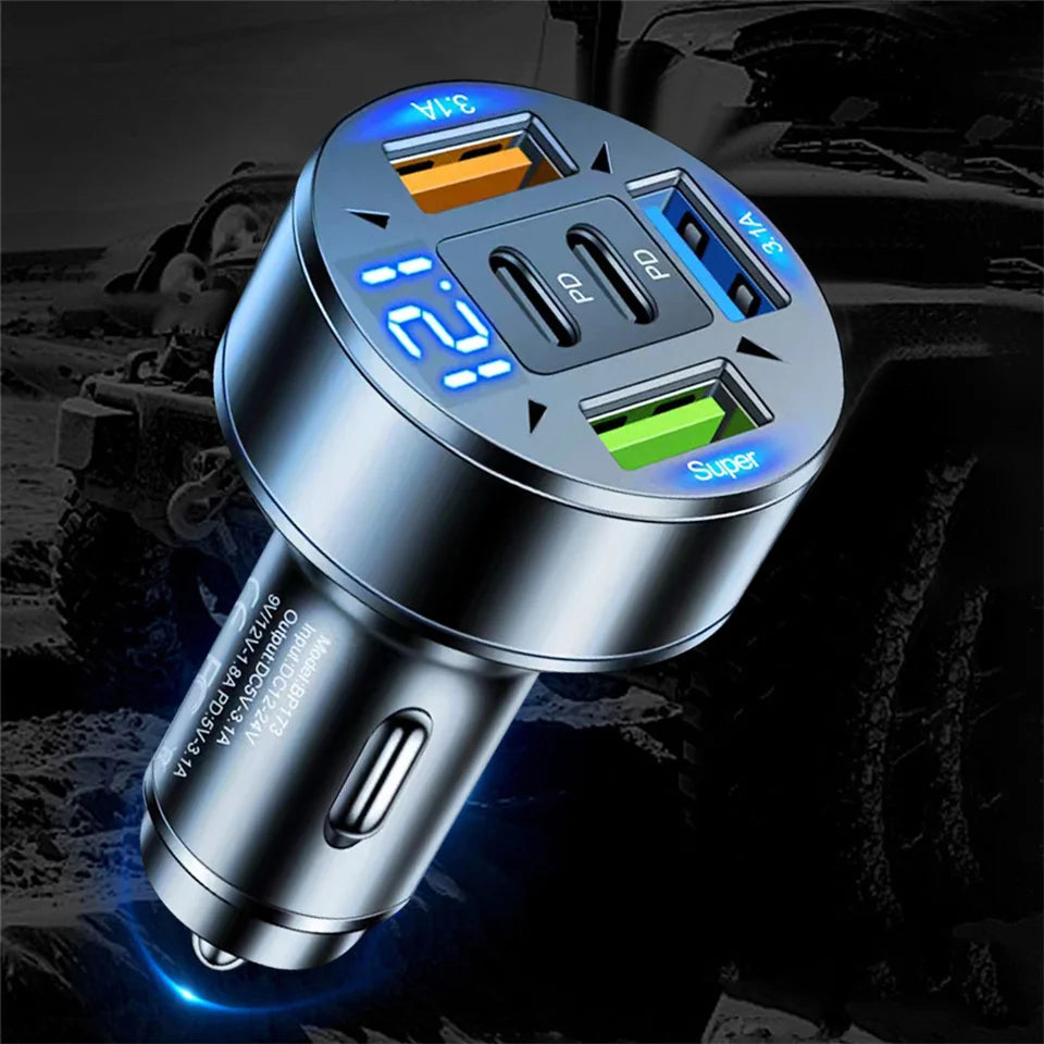 ⚡ Carregador Veicular Turbo 250W – 5 Portas USB e USB-C com Carregamento Rápido PD e QC 3.0