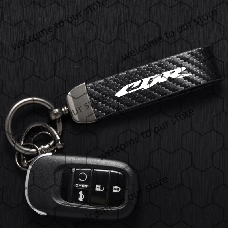 Chaveiro de couro texturizado com logotipo em fibra de carbono para motocicleta Honda CB CBR CB400 CBR650R CBR500R (1 unidade).