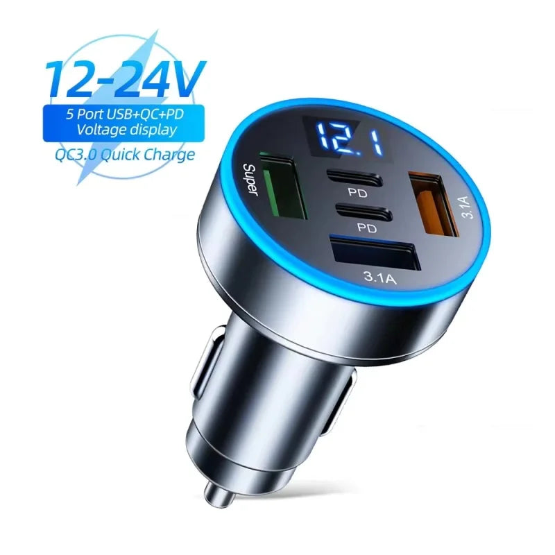 ⚡ Carregador Veicular Turbo 250W – 5 Portas USB e USB-C com Carregamento Rápido PD e QC 3.0