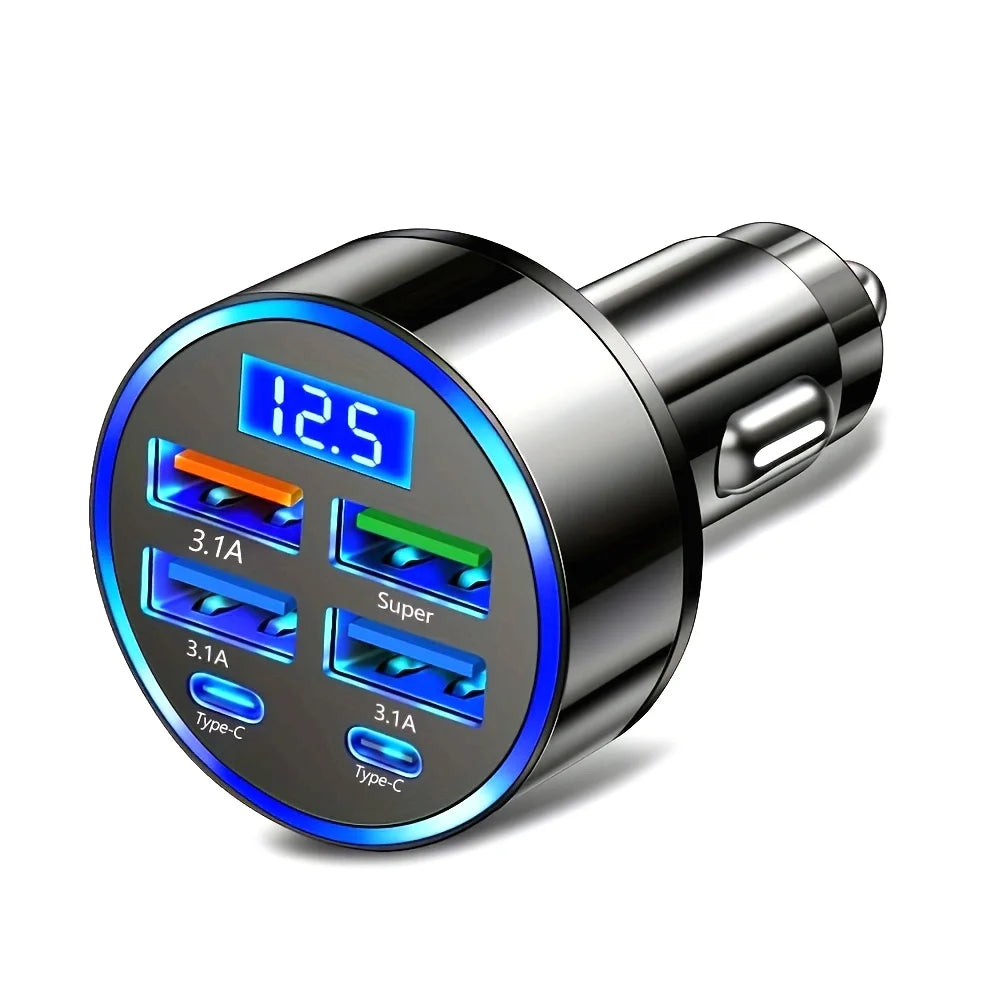Carregador portátil 6 em 1 para carro com carregamento rápido de 3.1A, duas portas USB-C, visor digital, compatível com smartphones, tablets e power banks. Cor: Preto.