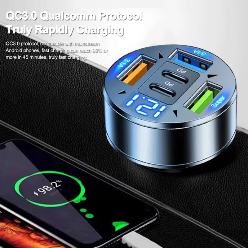 ⚡ Carregador Veicular Turbo 250W – 5 Portas USB e USB-C com Carregamento Rápido PD e QC 3.0