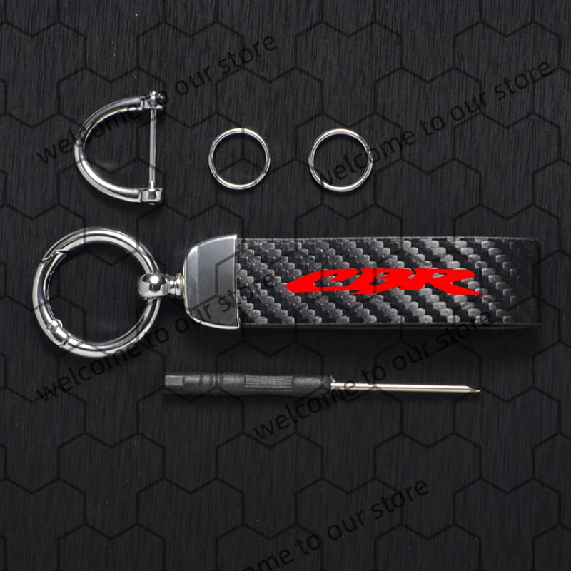 Chaveiro de couro texturizado com logotipo em fibra de carbono para motocicleta Honda CB CBR CB400 CBR650R CBR500R (1 unidade).