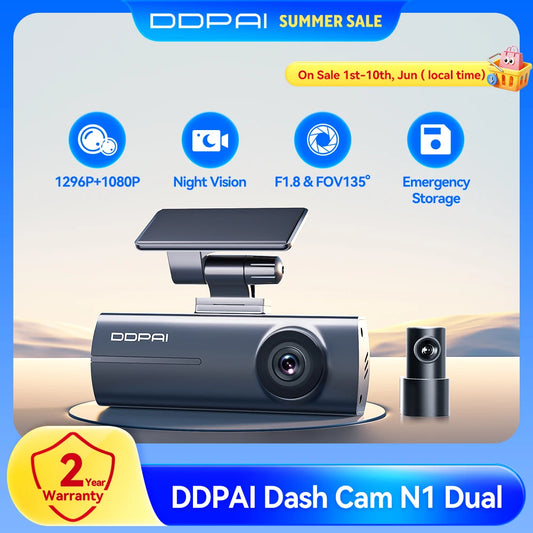 Câmera de painel DDPAI N1 com gravação dupla frontal e traseira, NightVIS 1296P, gravador de vídeo veicular (DVR) e controle por aplicativo.
